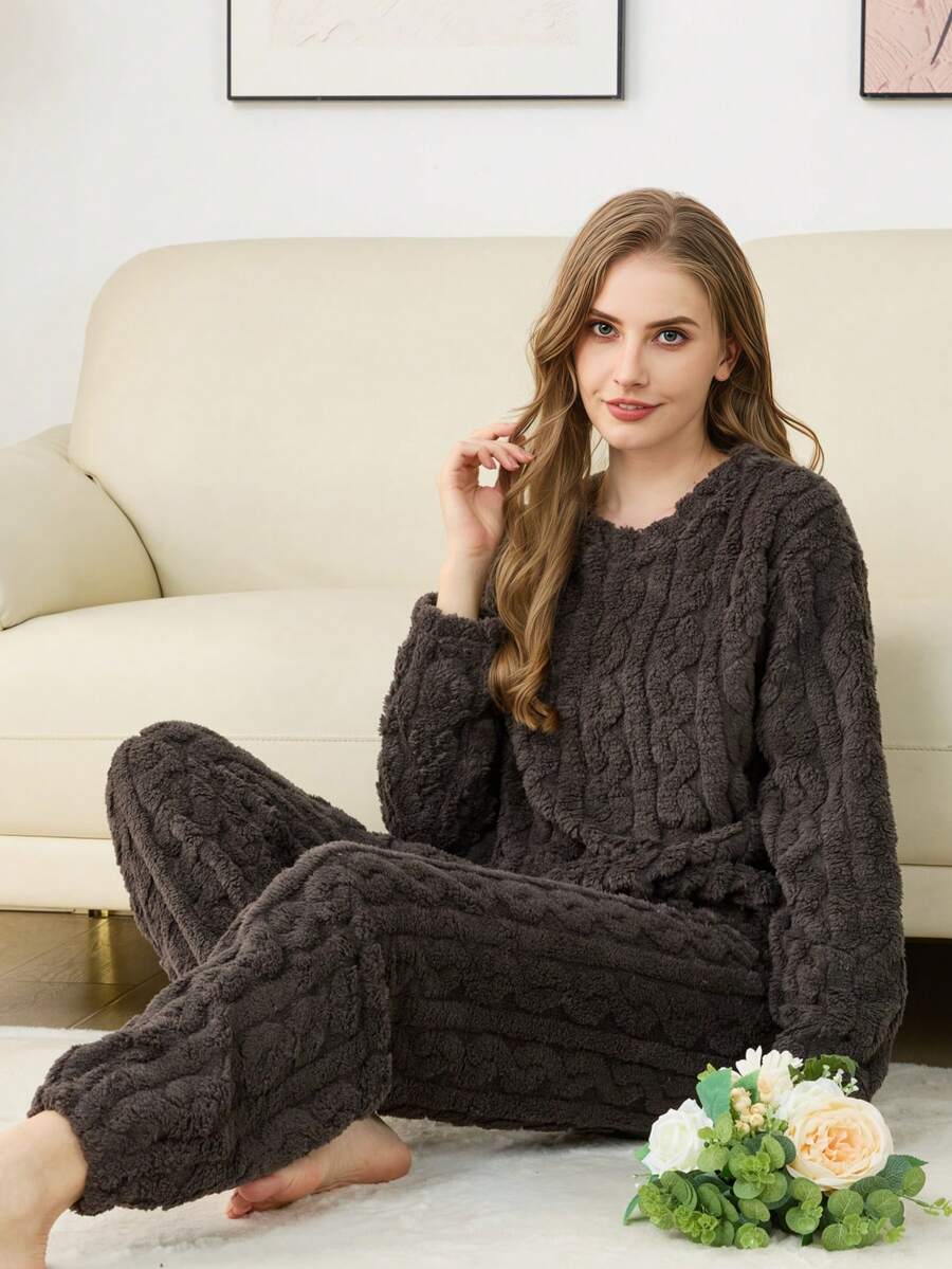 Autumn/Winter Jacquard Zip-Up Flannel Pajama Set, Thickened Velvet Fabric, Zipper Design, Women's Warm Sleepwear