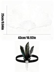 3/2/1 Set 1920s Flapper Accessories - Feather Fan, Headband And Gloves Set, Suitable For Vintage Weddings, Dance Costumes, Themed Outfits (Black) - Multicolor - View 15
