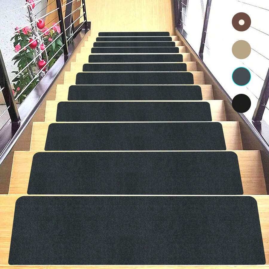 [8/15pcs] Non-Slip Warm Stair Treads - Solid Color Minimalist Wooden Steps - Non-Slip Stair Mats, Self-Adhesive Stair Treads, Non-Slip Stair Treads Suitable For Wooden Steps, 15pcs 22*70cm Indoor Stair Carpet Treads With Reusable Peelable Adhesive, Suitable For Elderly And Pets - Multicolor - View 1