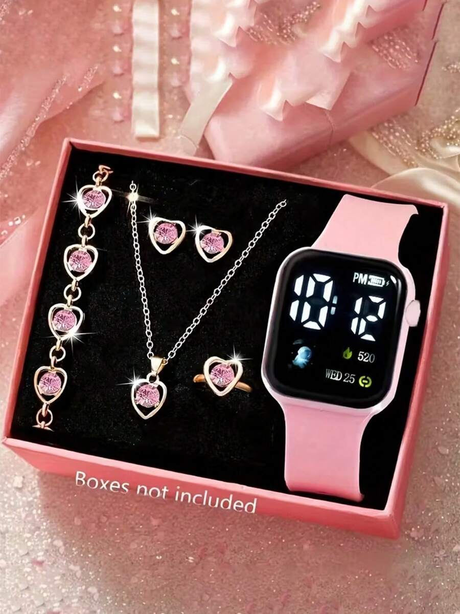 6-Piece Watch Set, Casual Minimalist LED Digital Watch With Heart Rhinestone Jewelry, Perfect Gift For Friends - Pink - View 1