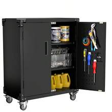 Metal Storage Cabinet, With 2 Adjustable Shelves, Lock And 4 Wheels, Tool Cart For Garage, Warehouse Or Office, Black - 黑色 - 查看 1