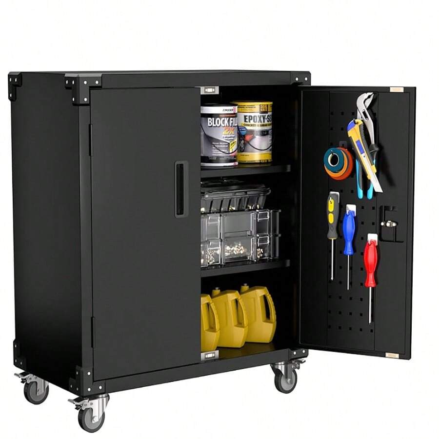 Metal Storage Cabinet, With 2 Adjustable Shelves, Lock And 4 Wheels, Tool Cart For Garage, Warehouse Or Office, Black - 黑色 - 查看 1