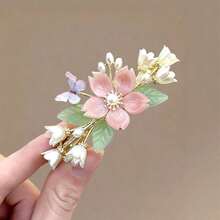 Super Fairy New Chinese-Style Flower Hairpin, Ancient-Style Butterfly Pearl Half-Up Back-Pressing Spring Clip, Hanfu Hair Accessory, Hairpin Accessory - 蝴蝶花朵彈簧夾 - 查看 6
