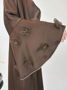 2 Pieces Set Muslim Middle Eastern Women Party Dress, Satin Maxi Robe With Butterfly Embroidery & Rhinestones Waistband - Brown - View 6