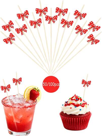 50/100支情人节红色木制鸡尾酒签，4.7英寸带蝴蝶结鸡尾酒摇铃食品签装饰牙签，鸡尾酒签，鸡尾酒装饰签，适用于开胃菜、蛋糕装饰、水果、甜点、生日派对、婚礼、派对用品、新年、情人节、新娘送礼会。