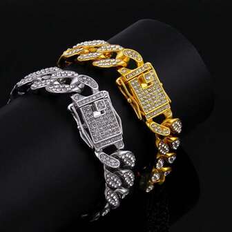 1 pieza Pulsera de cadena de eslabones anchos de 13 mm con incrustaciones de strass, estilo exagerado de hip-hop, para festivales de música/ropa de calle