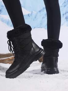 女士系带高帮靴，保暖雪地靴，中筒冬季鞋，户外休闲运动靴 - 黑色 - 查看 4