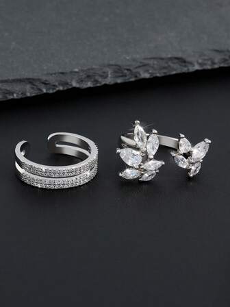 rakol Set de 2 anillos de mujer con diseño geométrico hueco decorado con circonita cúbica plateada de moda