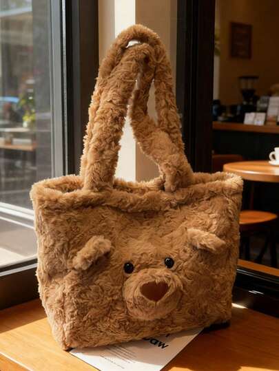 新款可爱毛绒熊手提包，大容量单肩包，女士休闲包