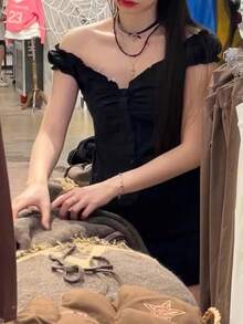 Women's Button Down Lace Top V Neck Ruffled Sexy Low Cut Babydoll Top Cute Slim Fit Casual Work Blouse - 藏青色 - 查看 5
