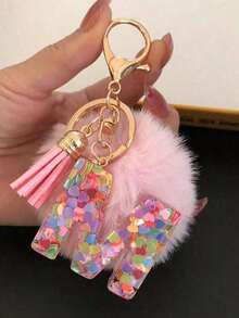 1 Pc Alphabet Initial Letter Keychain Cute Plush Pom Key Chain Ring Bag Backpack Charm Car Hanging Pendant Women Girls Gift,Cute Sequins Resin Key Chain,Wallet And Handbag Accessories, Keychain With Tassels,Alphabet Initial Letter A-Y School - 粉色 - 查看 11
