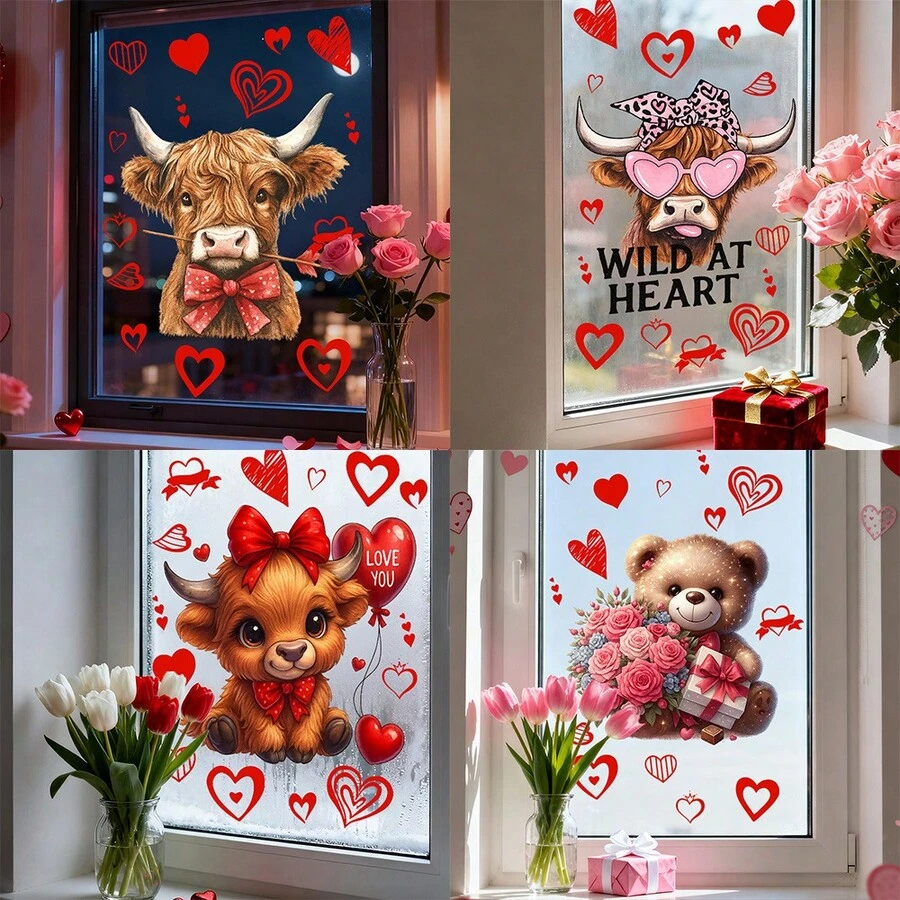 1/4 Stücke Valentinstag Fensteraufkleber, süße Hochlandrinder mit Herz-Sonnenbrille und Teddybär mit Rosen, wiederverwendbare Aufkleber für Bauernhaus, Büro Dekoration, romantische Feiertags Glasdekoration.