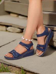 女士厚底防滑凉鞋，坡跟平底沙滩鞋，双钩环可调节，适合夏季、海滩、办公室、休闲场合 - 藍色 - 查看 6