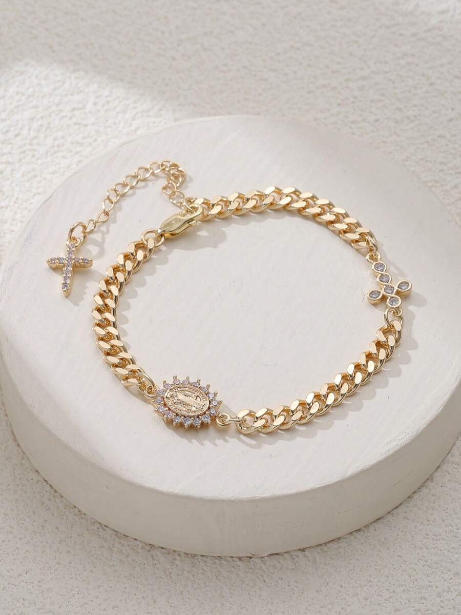 سوار من النحاس المطلي بالذهب عيار 18 قيراط بشكل سلسلة كوبية مع صليب القديس بندكت، مناسب للاستخدام اليومي للنساء، للصلاة الدينية والهدايا الروحية