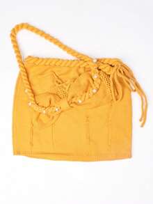 Yuwenier Sexy Bohemian Style Twisted Beaded Crochet Spaghetti Strap Bikini Top And Drawstring Low Waist Knit Mini Skirt, 2-Piece Beach Vacation Outfit For Women - Yellow - View 8