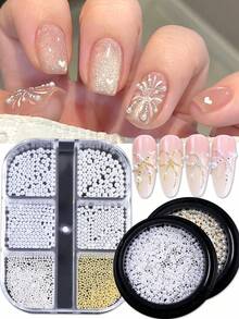 6件套金色、银色珠子和白色仿珍珠美甲装饰品，Y2K美学美甲饰品，钢珠和白色仿珍珠美甲宝石，美甲用品，美甲配件 - 彩色 - 查看 3