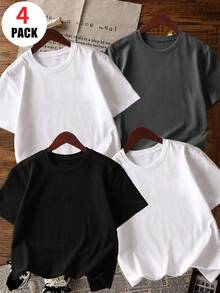 4pcs/Set Boys, Children & Teens' Solid White Crew Neck Short Sleeve T-Shirts, Summer Tops - Soft & Comfortable Solid Color Tees, Perfect For Warm Weather! Kids Clothing - Black and White - View 9