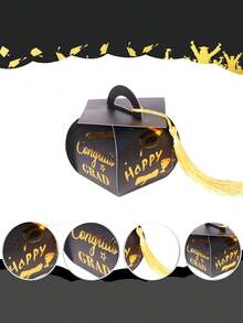 15pcs/Set Graduation Cap Gift Box, 2025 Graduation Decor, 2025 Tassel Candy Box, 2025 Graduation Party Supplies (Black, Gold) - Black and Gold With Yellow Tassels - View 12