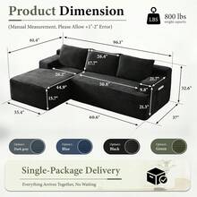 96''Sectional Couches For Living Room,Modern Modular Sectional Sofa,Upholstered Boneless Couch With Pockets,Comfy Cloud Couch With L Shaped Chaise (Black, 96''W Left Facing Chaise/Right Facing Chaise) - 黑色 - 查看 9