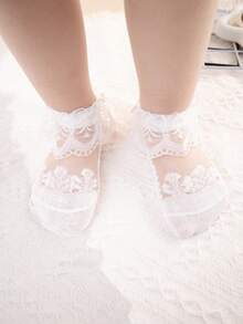 3 Pairs Random White Lace Baby & Kids Ankle Socks, Breathable & Comfortable For Girls Daily Wear/Dressing, Suitable For 0-6 Months/1-12 Years - Multicolor - View 3