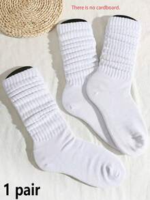 1 Pair Of Pure White Women's Plush Mid Tube Socks(Without Sock Card)