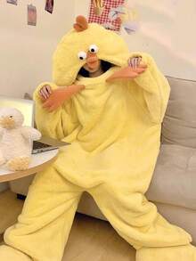 Winter Women's Chick One-Piece Hooded Velvet Bathrobe Pajamas Home Clothes, Warm Velvet Coral Fleece, Funny Cartoon Animal One-Piece Pajamas, Soft Polyester Fiber, Simple Pajamas, Comfortable To Wear, Breathable Fabric, Suitable For Winter, Warm, Halloween Gifts, Theme Parties, Pajama Parties Bathroom Decor - Yellow - View 5