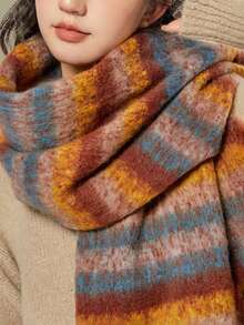 1条女士优雅条纹抓绒保暖围巾 - 加厚冬季围巾，户外防风围脖，可爱女孩围巾，学生返校围巾，朋友礼物，日常佩戴，节日礼物，购物，摄影，通勤（条纹颜色顺序可能略有不同）