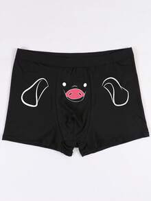 男士黑色三角裤，可爱小猪印花，性感、弹力舒适，日常内裤 - 黑色 - 查看 1