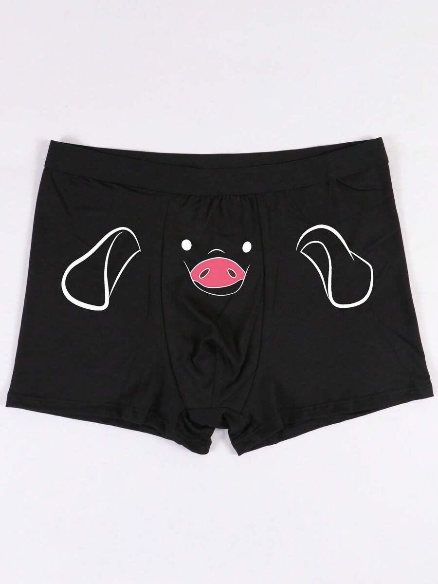 男士黑色三角裤，可爱小猪印花，性感、弹力舒适，日常内裤 - 黑色 - 查看 1