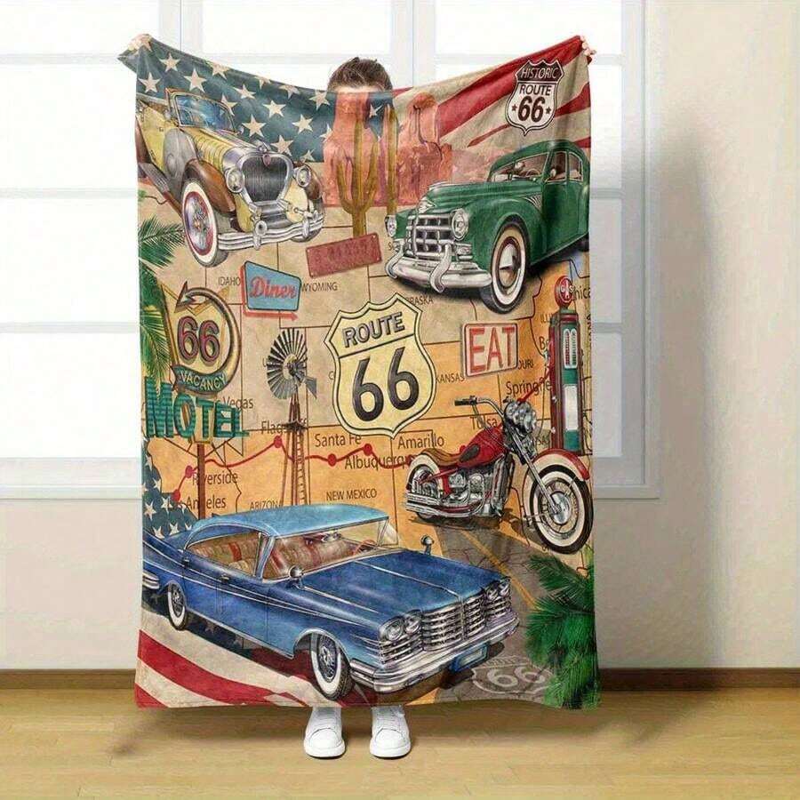 Soft Flannel Retro Car & Route 66 Blanket - Vintage Americana Throw With Classic Cars, Motorcycles & Diners - 280gsm All-Season Cozy Blanket For Couch, Bed, Camping - Printed In USA, Blanket For Bed, Bed And Couch Throw, Nostalgic Home Decor, Durable Comfort, Motorcycle Print, Highquality Print, Travel Enthusiasts, Cozy Soft Flannel Blanket & Suitable For Birthday Anniversaries, Valentine's Day, Thanksgiving, Christmas, Halloween, Wedding, New Year Gifts Provide Personalized Ideal Gifts For Her, Him, Family Members, Boyfriends, Girlfriends, Fathers, Family Members, Mothers, Lovers, Daughters, Sons, Grandfathers, Grandmothers, Friends, Classmates And Pets. Sofa, Bed, Car, Bedroom, Living Room, Office, Outdoor Camping, Beach, Wall Decoration, Bedroom Decor,  Halloween Blanket, Fall Decor, Fall Decorations For Home, Christmas Party Theme Blanket, Christmas Decor, Office Decoration - 彩色 - 查看 1
