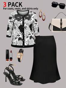 Damen Große Größen Set aus Blumen-Cardigan und schwarzem Rock, elegantes Outfit mit Rundhalsausschnitt, normale Ärmel, mittlere Stretchqualität, Knopfdetails - Schwarz - Übersicht 2