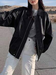 chaqueta de mujer Chaqueta de piel marrón para mujer, nueva colección primavera-verano, estilo hongkonés retro, chaqueta americana tipo motero Melard - Negro - Ver 4