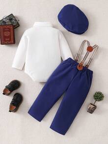 3件套绅士风男婴套装，翻领连体衣+围兜裤+贝雷帽，经典配色，尽显优雅气质，适合百日庆典、婚礼花童或家庭周年纪念等场合。 - 寶藍色 - 查看 3