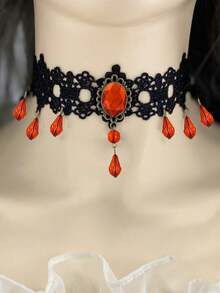 1pc Women's Lace Hollow Retro Gothic Style Choker Necklace With Ruby Tassel Short Clavicle Chain Collar - Multicolor - View 2
