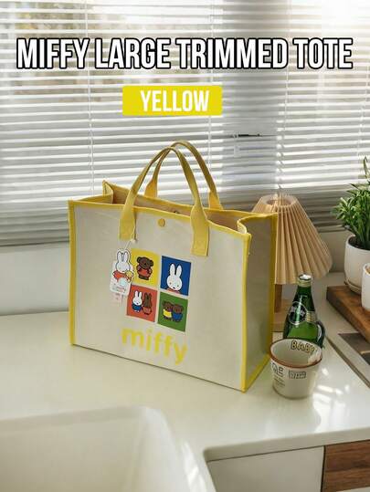 Miffy Large Trimmed Tote Bag, Yellow Trim Large-Capacity, Adorable Miffy Cartoon Print, Off-White Canvas Body With Yellow Trim And Handles, Canvas Material, Portable Design, Large-Capacity Versatile Use, Perfect For Daily Use, Leisure, Commute, Shopping, Ideal For Miffy Fans, Cartoon Lovers, Young Women, Students, Office Workers, Lovely Gift For Lover