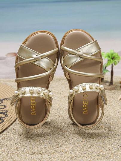 1 Pair Latest Style Fashionable Pearl Decorated Fairy Flat Sandals, Soft And Comfortable, Simple And Versatile, Suitable For Summer