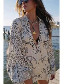 Elegant Women'S A-Line Evening Dress - Black & Golden Geometric Print Mock Neck Long Sleeve Dress With Pleated Detail, Mid-Length Formal Party Dress Spring/Fall, Loose Fit, No Belt, Elegant Event Attire| Sophisticated Style| Pleated Detailing, Dress Printed Satin Two-Piece Set - 黑色 - 查看 1