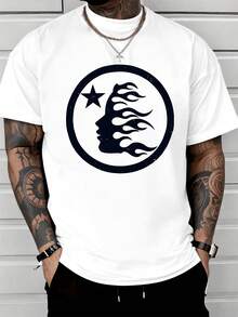 Flaming Silhouette Face With Star Emblem Symbolizing Passion And Inspiration 100% Cotton Men's Classic Fit 220g Graphic Tshirt - 白色 - 查看 1