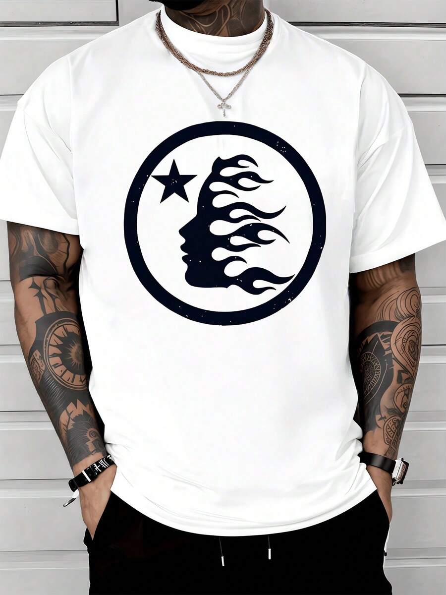 Flaming Silhouette Face With Star Emblem Symbolizing Passion And Inspiration 100% Cotton Men's Classic Fit 220g Graphic Tshirt - 白色 - 查看 1