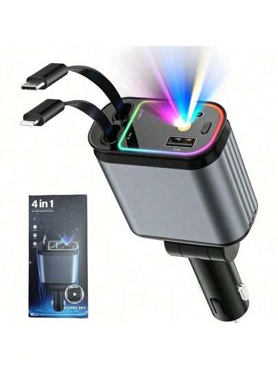 Fast Car Charger With Starlight, 4 In 1 Retractable Car Charger, 66W USB C Adapter, Cars Accessories With Starlight Roof, 2 USB Ports Phone Cars Chargers Compatible With IPhone 16 15 14 And Android Suitable For Daily Commute, Long Drive, Charging While Driving Daily Commute Long Drive Driving Car Accessories Car Charger Adapter