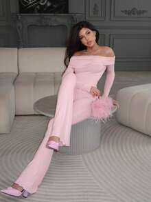 Women's Pleated Black Fungus Edge Long Sleeved Top, Low Waisted Flared Pants Set, For School Opening Ceremony, Graduation Season, Evening Date, Valentine's Day Women's Two Pieces Set - Baby Pink - View 7