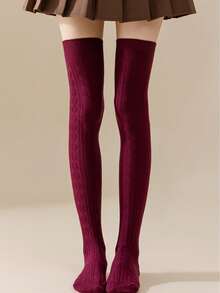 1 Pair Cable Knit Over-The-Knee Socks - Burgundy - View 4