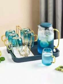 1pc Ombre Blue Marble Glass Teapot, High Borosilicate Heat-Resistant Large Capacity Water Pitcher - Multicolor - View 4