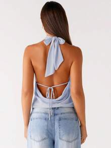 Tank Top For Women Summer Halter Tops Deep V-Neck Pleated Sleeveless Cami Shirts Party Night Streetwear - 藍色 - 查看 2