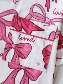 2pcs "Loved" & Heart Print Short Sleeve Women Pajamas Set, Collared Button-Up Top And Comfortable Shorts, Elegant Ladies Sleepwear - Pink - View 4