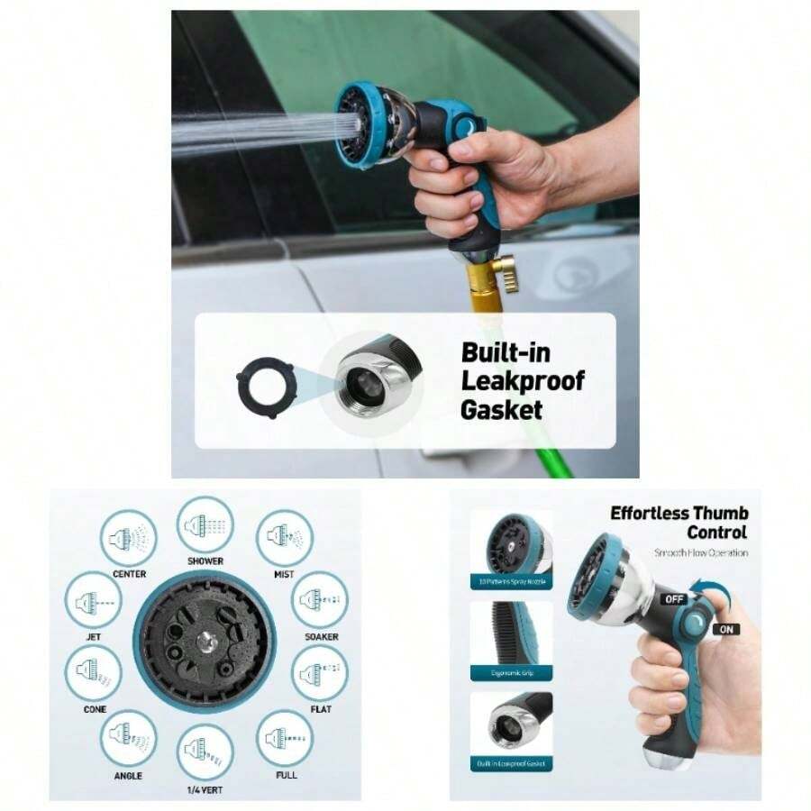 Boquilla de manguera de jardn, boquilla de rociador de manguera con 10 patrones de pulverizacin, vlvula de encendido y apagado, boquilla de manguera de agua de metal de alta presin para lavado de - inicial - Ver 1