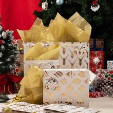 12 Pack Holiday Foil Gold Bags with Tissue Papers and Name Card Tags; Assorted White Winter Prints Party Favors Goody Bags, Xmas Presents, Classrooms and Wrapping Stocking Stuffers. - Aire - Ver 6