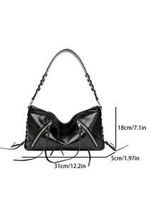 Style inspiré de la moto, ornements zippés, sac fourre-tout tressé, fermeture éclair, sac à épaule décontracté pour femmes, convient pour les vacances, les déplacements, les courses, etc. - Noir - Voir 7