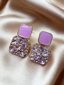 一对紫色几何复古方形水钻吊坠耳环，适合女士日常及节日佩戴（注：水钻位置可能与图片略有不同，请参考详情图） - 彩色 - 查看 4