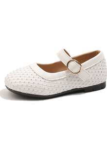 Girls' White Grid Rhinestone Mary Jane Flats, Adjustable Buckle Soft Sole Princess Party Shoes - White - View 7